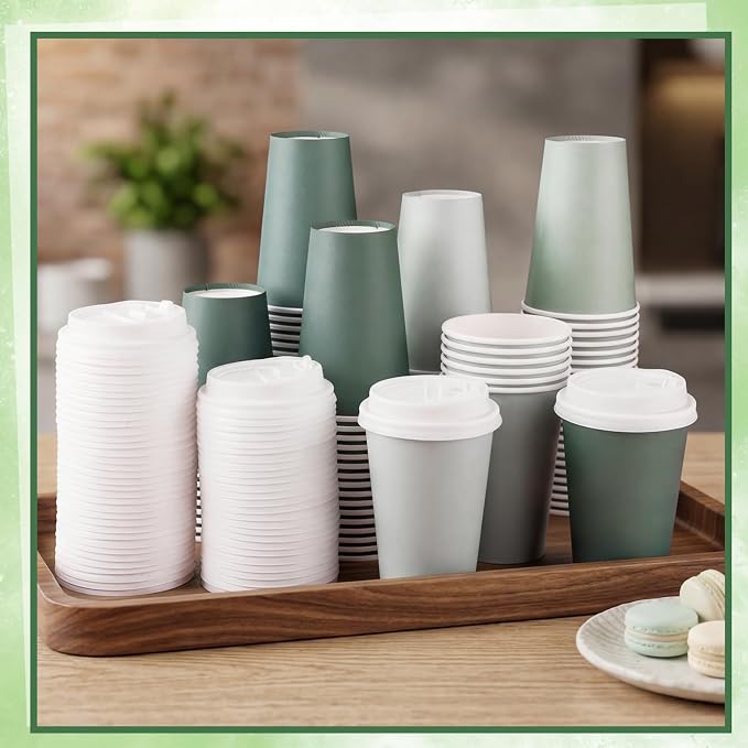 100 Pack Sage Green Coffee Cup with Lids Sleeves, 12oz Insulated To Go Paper Cups Gradient Green Party Cups Disposable Paper Cups, Drinking Cup for Wedding Birthday Baby Shower Tea Party Supplies