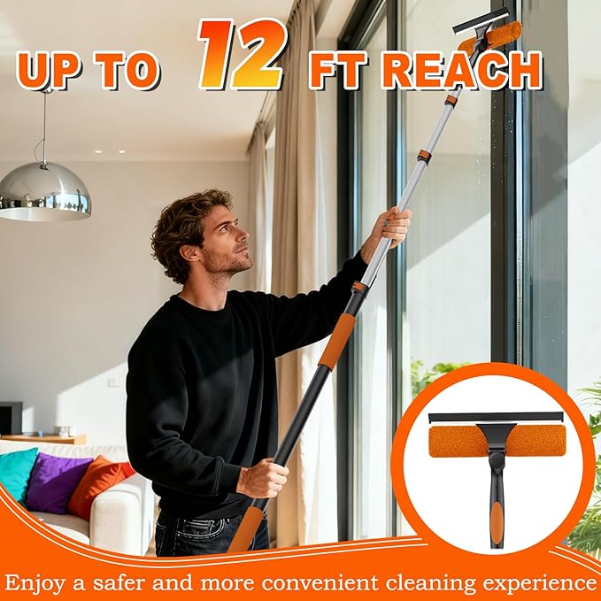 SISUPASSIE 20FT Reach 2-in-1 Window Squeegee, Professional Window Washing Kit with 3-12FT Extension Pole for Home, Indoor Outdoor Squeegee with Rotatable Head for High Windows