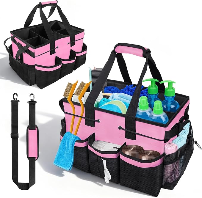 ALSLEA Large Cleaning Caddy Bag - 15" x 10.5" x 9" Heavy-Duty Organizer Tote for Housekeepers, Janitors & Home Cleaning Supplies with Adjustable Shoulder Strap & Multiple Pockets (Pink)
