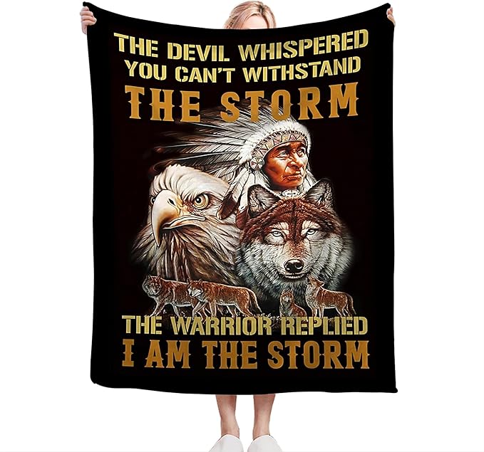 jerkboo Native American Blanket Throws Indian Blanket Wolf Eagle Throw Blanket for Men Women Kids Adults Soft Warm Cozy Fleece Blanket for Couch Sofa Bed 60""x50""