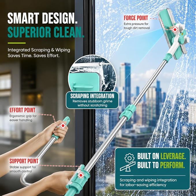 ORIXA Outside Window Cleaner, U Shaped Extendable Squeegee, Detachable Rotatable Glass Squeegee with 2 Wiping Cloth Replacements