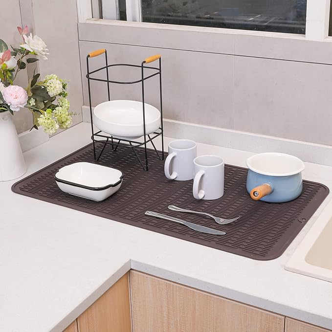 MicoYang Silicone Dish Drying Mat for Multiple Usage,Easy clean,Eco-friendly,Heat-resistant Silicone Mat for Kitchen Counter or Sink,Refrigerator or Drawer Liner Coffee 4XL 32 inches x 18 inches