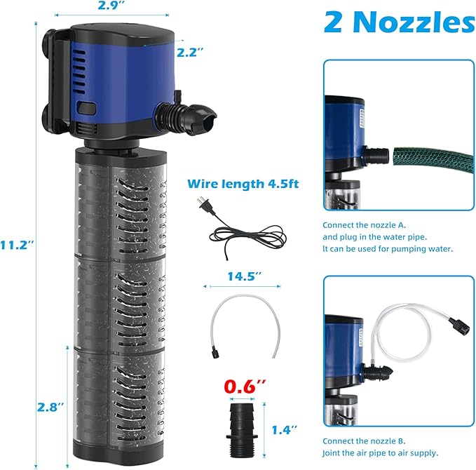 Aquarium Filter Powerful 260GPH for 35-75 Gallon Fish Tank Small Pond Fountain, Wave-maker Submersible Water Pump Turtle Tank Filter for Saltwater & Freshwater System