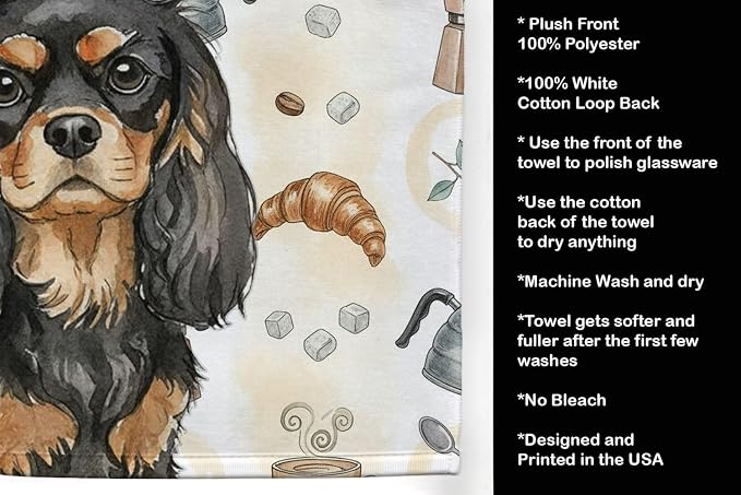Caroline's Treasures Black and Tan Cavalier Spaniel Coffee Bar Kitchen Towel Velour Plush Front and Cotton Loop Back Machine Washable