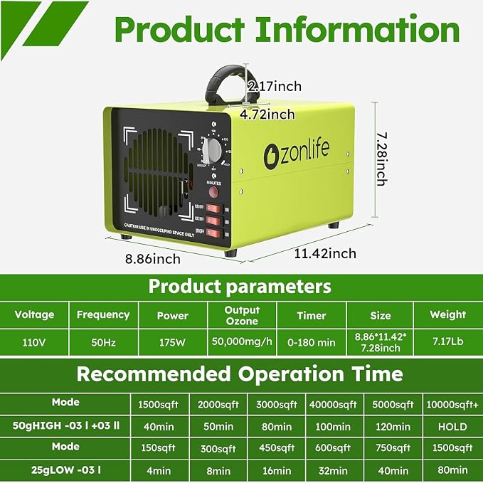 Ozone Generator 50,000mg/h with 180 Min Timer Independent Light | Powerful Odor Removal Portable Ozone Air Purifier with O3 Odor Clean for Large Spaces (10,000 Sq.Ft), Cars, Homes, Hotel