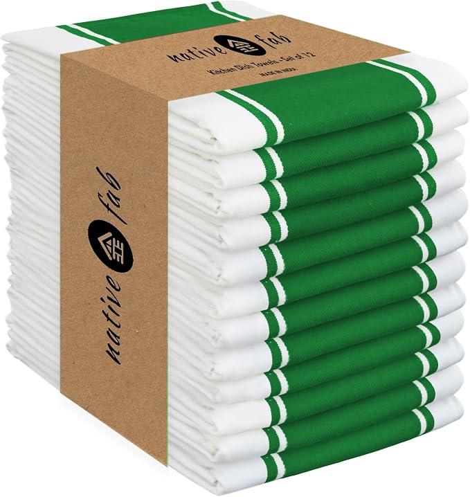 Native Fab Green Kitchen Towels 18 x 28 Inch, 12 Pack, Wide Stripe, Super Absorbent, Fast Dry, Soft, Cotton Dish Towels for Wiping Hands, Drying Dishes, Counter Cleaning Dish Cloth Set - Green