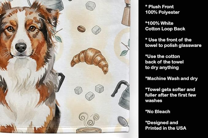 Caroline's Treasures Red Merle Australian Shepherd Coffee Bar Kitchen Towel Velour Plush Front and Cotton Loop Back Machine Washable