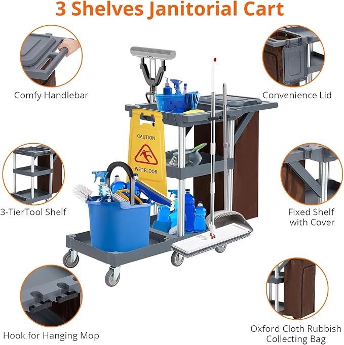 Commercial Traditional Janitorial 3-Shelf Cleaning Cart on Wheels with Cover and Vinyl Bag, Custodial Cart, Housekeeping Carts for Hotels, Stores, Schools, and Business
