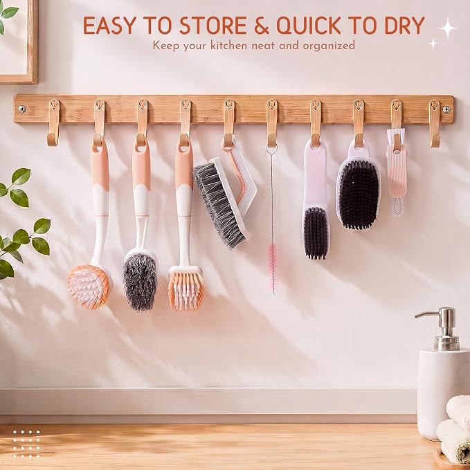 10 Pack Dish Brush Set for Household Use Kitchen Scrub Brushes with Non-Slip Long Handle Multi-Purpose Cleaning Brushes for Dishes Pot Pan Kitchen Sink Tub Cup Clothes Shoes Floor (Pink)