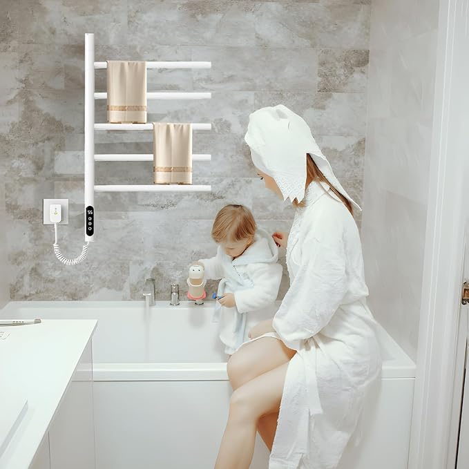 Electric Towel Warmer,5-Bar Rotating Heated Towel Rack,2-3 Minutes to 55°C/131°F,Wall Mounted Towel Warmer with Timer and Multi-Stage Temperature Regulation,Plug-in/Hard-Wired,White