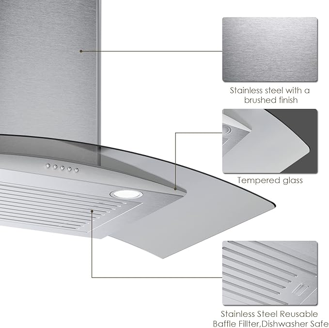 30 Inch Wall Mounted Curved Glass Range Hood with 450 CFM,Stainless Steel kitchen Ductless/Ducted Convertible with 3 Speed Controls,Permanent Baffle Filters and 2 LED Lights