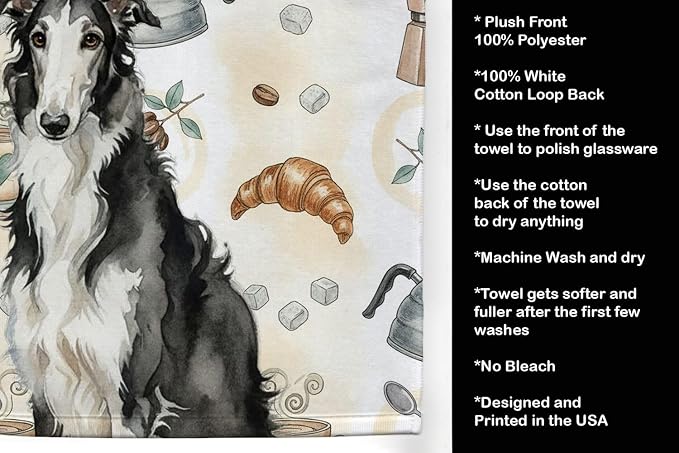 Caroline's Treasures Black and White Borzoi Coffee Bar Kitchen Towel Velour Plush Front and Cotton Loop Back Machine Washable