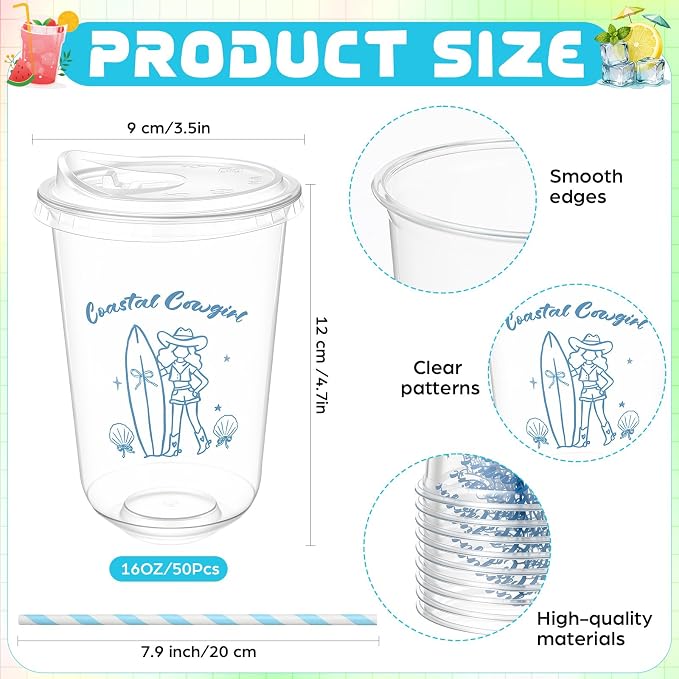 Rtteri 50 Sets Surf Cowgirl Plastic Disposable Cups with Lids and Straws 16 oz Blue Cowgirl Cups Bulk Ice Coffee Juice Drinking Cup for Summer Beach Birthday Party Decoration