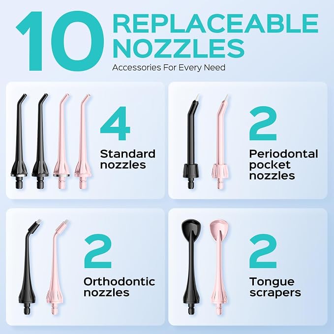COSLUS ADA Accepted Water Dental Flosser Teeth Pick C20: Portable Cordless Oral Irrigator 300ML Rechargeable Travel Irrigation Cleaner IPX7 Waterproof Electric Flossing Machine, 2PCS, Black & Pink
