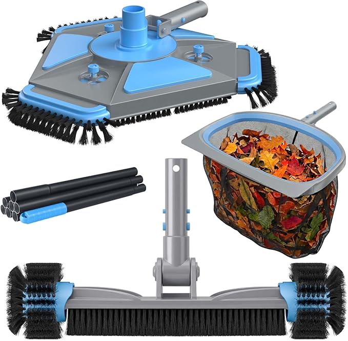 UIRWAY 4-in-1 Deluxe Swimming Pool Cleaning Kit - Includes Upgrade Triangular Pool Vacuum Head, Detachable Brush, Deep Leaf Skimmer Net, Adjustable Aluminum Pole Inground & Above Ground Pools