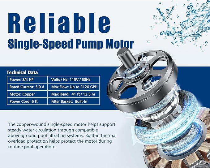 3/4HP Above Ground Pool Pump with Timer, 3120GPH 115V Self-Priming Pool Filter Pump Replacement for Sand Filter Systems, 1.25/1.5 in Adapters, Filter Basket, 41 ft Max Head