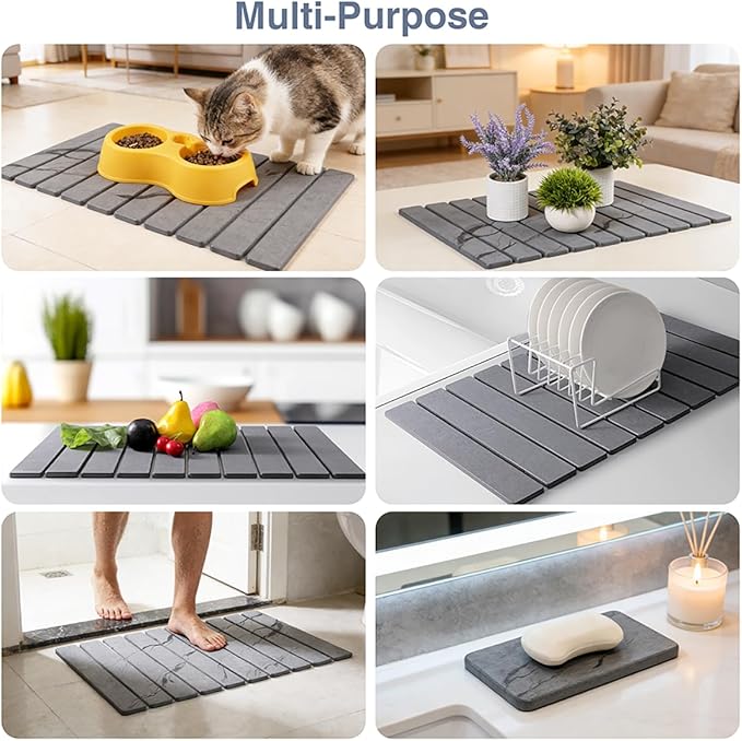 Large Diatomaceous Earth Dish Drying Mat, 24"x16" Stone Dish Drying Mats Kitchen | Ultra Fast-Absorbing, Foldable & Eco-Friendly Dishes Drying Pad for Kitchen Countertop, Cups, Utensils(Grey)