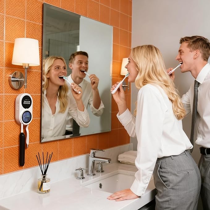 iHave UV Toothbrush Sanitizer Holder 2 Slots Wall Mounted Wave Sensor Auto | UVC+Ion 360 Dual Disinfection (No Dead Zone) • 4H Auto-Cycle (Bacteria Regrow in 4-8H) • Heat & Fan Drying • LED Time Display