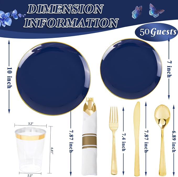 KIRE 350Pcs Blue and Gold Plates -Heavy Duty Navy Blue Dinnerware Set - 100 Plastic Plates 50 Pre Rolled Napkins with Gold Plastic Silverware 50 Cups for Party/4th of July/Wedding