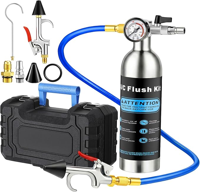 Rossesay AC Flush Kit Air Conditioner System Flush Canister Kit AC Drain Line Cleaner Tool Conditioning Pipeline Set with Gauge, Air Fittings and Hose for Car Conditioner Pipe(Blue,Classic)