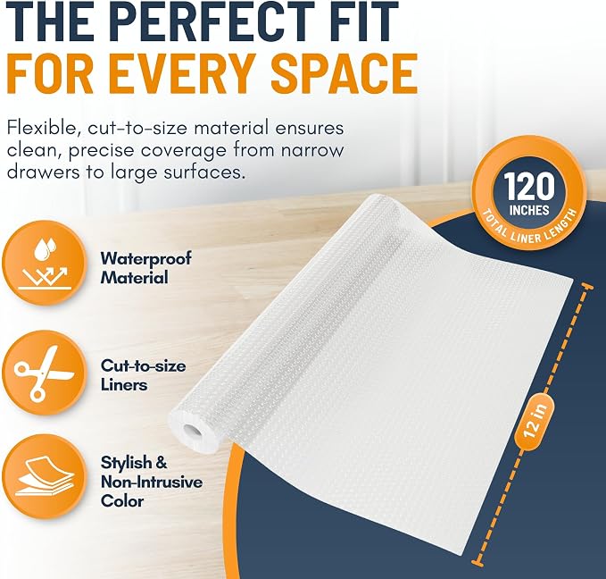 Shelf Liner Drawer Liner for Kitchen Cabinets Non-Adhesive by Linda’s Essentials (12 x 120 Inches) - Non-Slip Easy Clean Kitchen Cabinet and Cupboard Protector, Waterproof Mat, Clear Roll