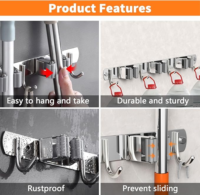 CUXIXA Mop and Broom Holder Wall Mount, Upgraded Broom Organizer Wall Mount, Stainless Steel Broom Hanger Wall Mount for Home Kitchen Garden Laundry Garage (4 Racks with 5 Hooks Silver)