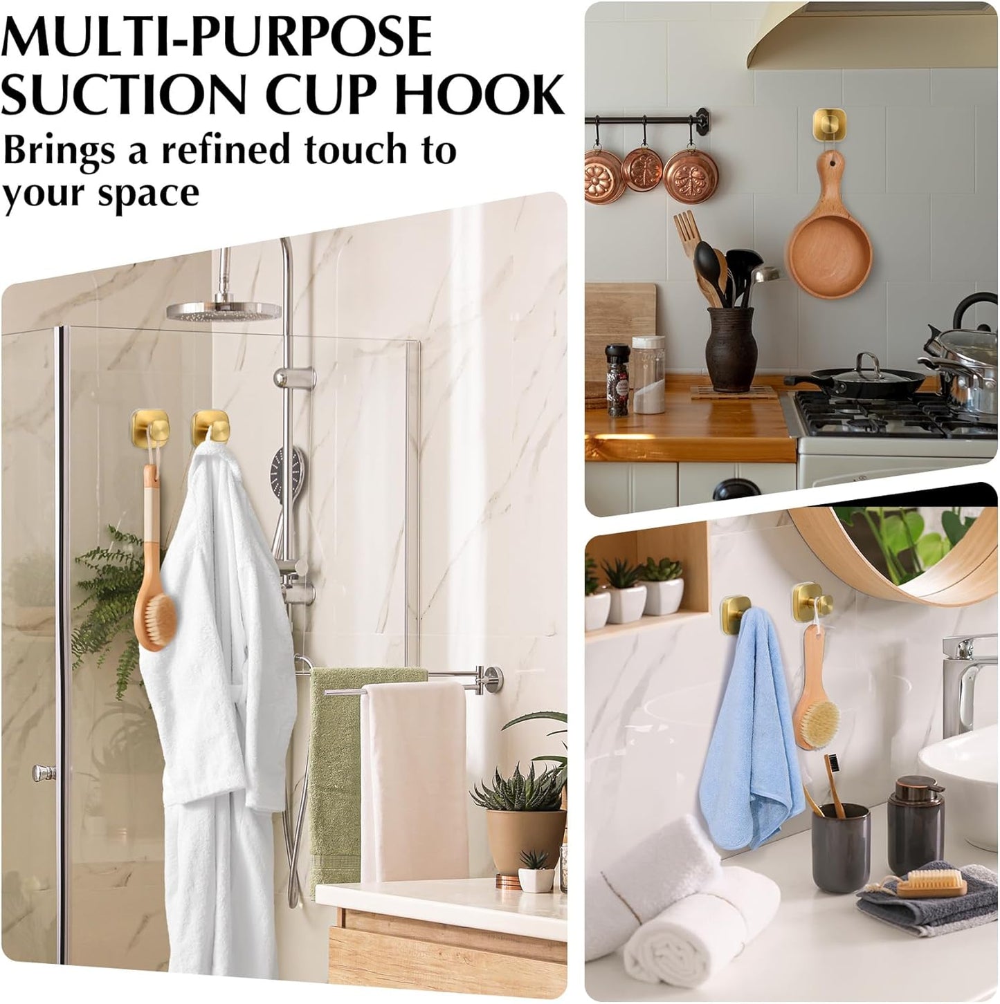 Suction Cup Hooks for Shower - Reusable No-Drill Mounting - Hooks for Towels, Robes & Loofah on Metal, Glass, Mirrors, Tile & Smooth Non-Porous Surfaces (2, Brushed Gold)