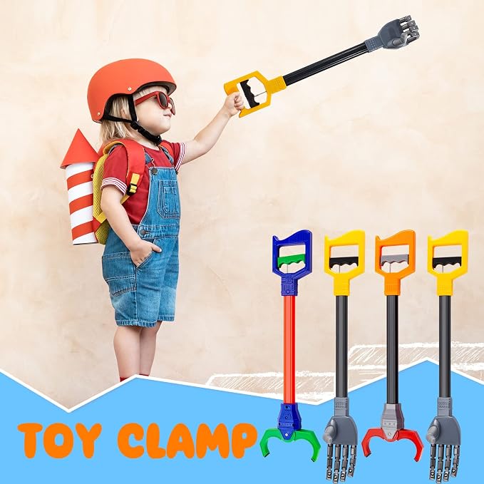 Lewtemi Interactive Grabber Claw Toy for Kids, 18 Inch Robot Arm Hand Claw Reacher Pickup Tool, Hand Eye Coordination & Fine Motor Skills Stem Toys Gift Pack for Boys Girls(Red, Blue, Gray,4 Pcs)