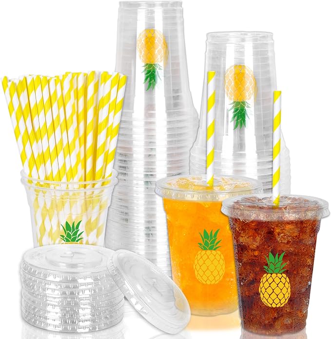 Whaline 50Pcs Pineapple Disposable Plastic Cups with Lids and Straws 12 Oz Tropical Fruit Cold Beverage Drinking Cups for Summer Hawaiian Birthday Party