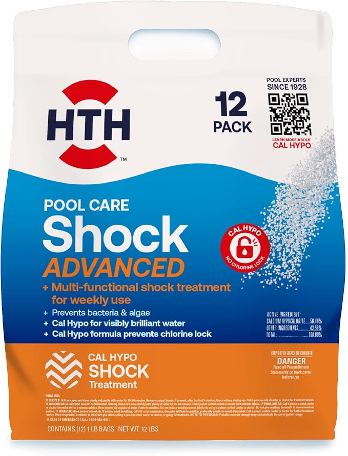 HTH 42052W Swimming Pool Care 3" Chlorine Tabs Advanced, Individually Wrapped Tablets, 5lb and HTH 52037 Swimming Pool Care Shock Advanced, Swimming Pool Chemical, Cal Hypo Formula, 12 Count(Pack of 1)
