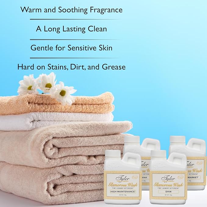 Tyler Candle Glamorous Wash Liquid Laundry Detergent Gift Set - Bundle With Stain Remover Pen - Sample 4 Pack (4 oz.) - Diva, French Market, High Maintenance, Kathina