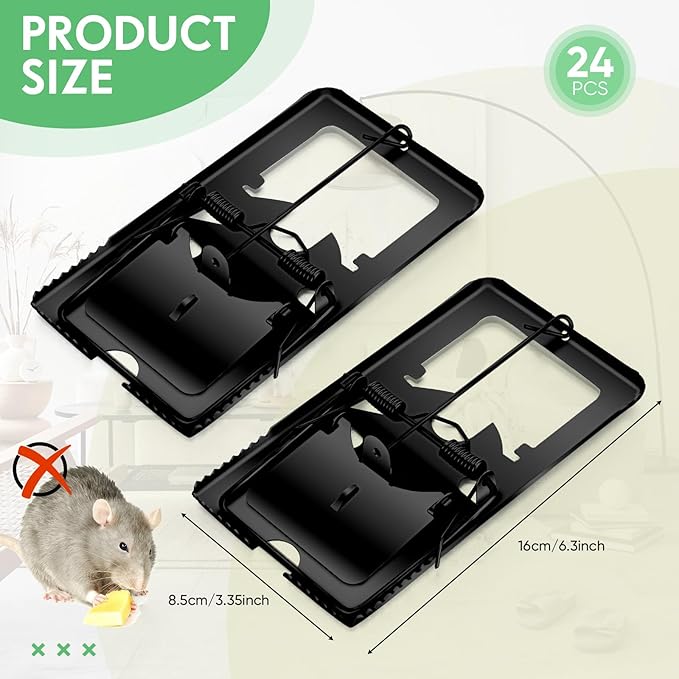 Qualirey 24 Pcs Classic Metal Rat Traps Reusable Mouse Trap Humane Effective Snap Rat Killer that Work for Indoor Outdoor Mice Voles and Small Rodents Control(Black)