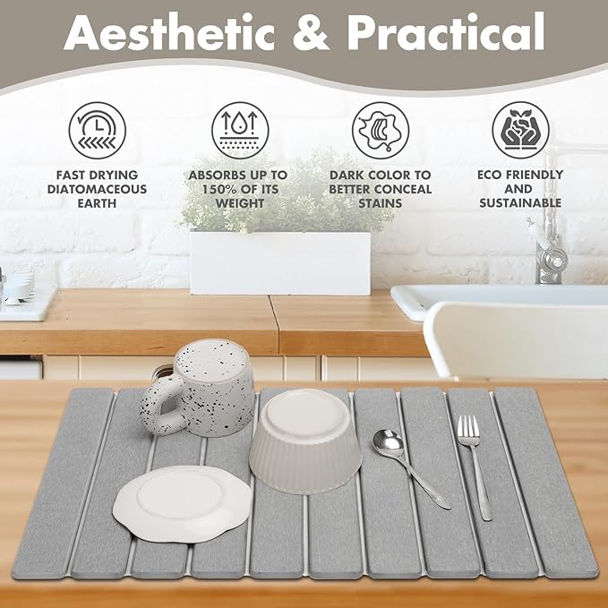 Large Stone Dish Drying Mat for Kitchen Counter, Eco-friendly, Instant Drying Pad,Diatomaceous Earth Water Absorbing Mat, Foldable and Super Absorbent Dish Drying Stone Mat, 24"×16", Light Gray