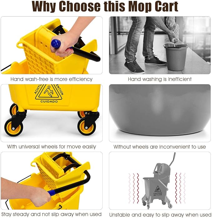 Goplus Commercial Mop Bucket with Wringer, Household Portable Mop Bucket, Ideal for Household and Public Places Floor, 26 Quart Capacity, Yellow (26 Quart)