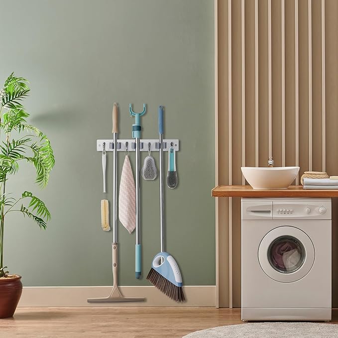 OUTNILI White Mop Broom Holder Wall Mount with 3 Slots & 4 Hooks - Wood Broom Mop Hanger for Pantry Kitchen Organization - Garden Tool Organizer for Closet Laundry Room