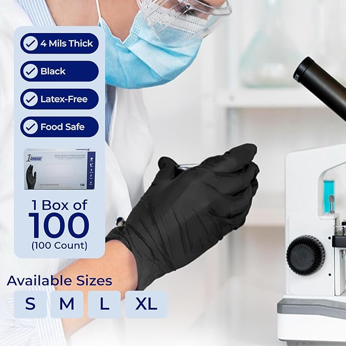 1st Choice Black Nitrile Gloves Disposable Latex Free - Exam Grade Black Gloves for Cooking, Medical, Dental, Cleaning - 4mil