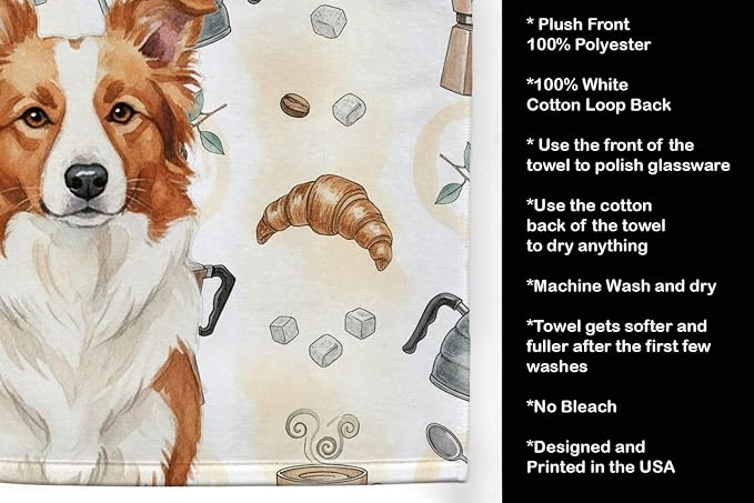 Caroline's Treasures Red and White Border Collie Coffee Bar Kitchen Towel Velour Plush Front and Cotton Loop Back Machine Washable
