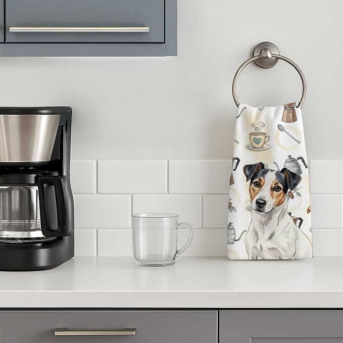Caroline's Treasures White with Black Markings Russell Terrier Coffee Bar Kitchen Towel Velour Plush Front and Cotton Loop Back Machine Washable