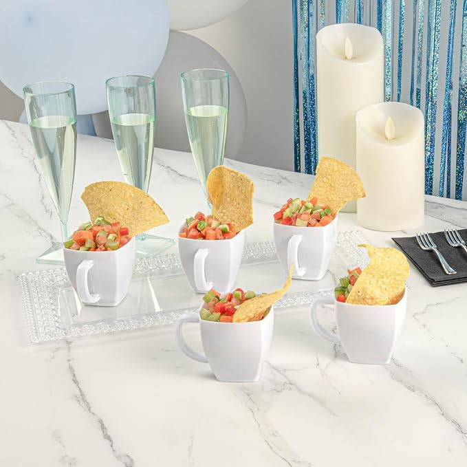 Restaurantware-5 Ounce Square Espresso Cups, 100 Disposable Plastic Coffee Cups - PS Plastic, With Handles, White Dessert Cup, For Catering Events, Parties, Weddings, And Cafes