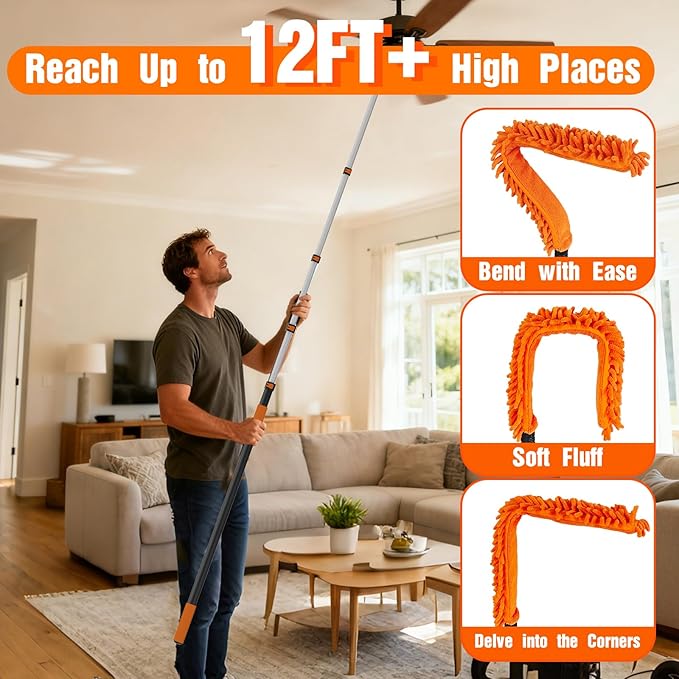 SISIUPASSIE 20FT Reach Ceiling Fan Cleaner Duster, Ceiling Fan Blade Cleaner with Extension Pole, Washable & Replaceable Microfiber Feather Duster Kits