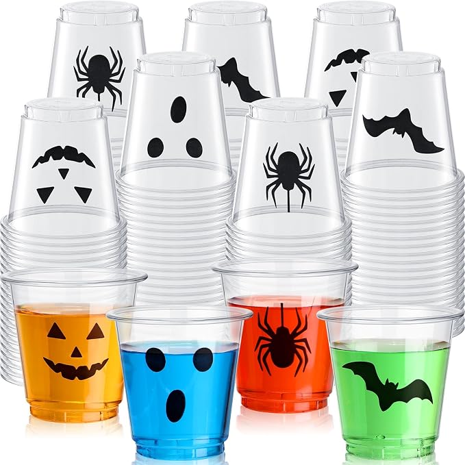 300 Pack 3 oz Halloween Plastic Shot Glasses Disposable Party Shot Cups Bulk Ghost Pumpkin Spider Bat Clear Mini Tasting Cups for Halloween Whiskey Party Favors Drinking Supplies