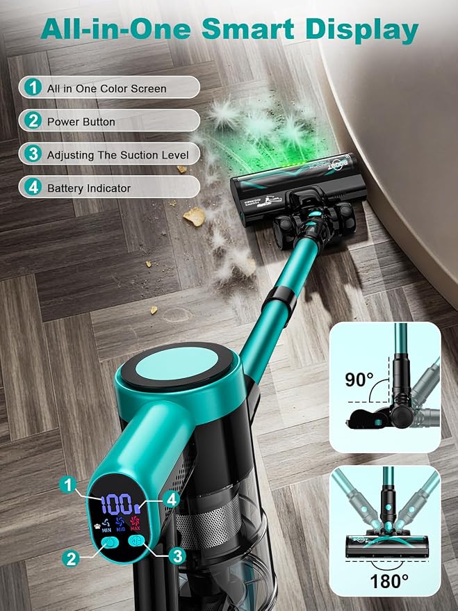 Cordless Vacuum Cleaner, 58Kpa 10 in 1 Vacuum Cleaners for Home, 55Mins Stick Vacuum with Self-Standing & LED Display, Anti-Tangle & Wall Mount Charging (Cyan)