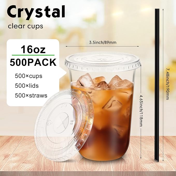 Ziliny 500 Set Clear Plastic Cups with Lids and Straws, Disposable Iced Coffee PET Cups for Drinking Cold Beverage Juice Parfait Smoothie Milkshake Coffee Shops Party Supplies (16 oz)
