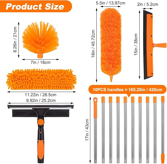 Cobweb Duster Kit and Window Squeegee Cleaner Tool with Extension Pole: 165 Inch 4-in-1 High Ceiling Dusting and Window Cleaning Kit - Cobweb Duster and Feather Duster