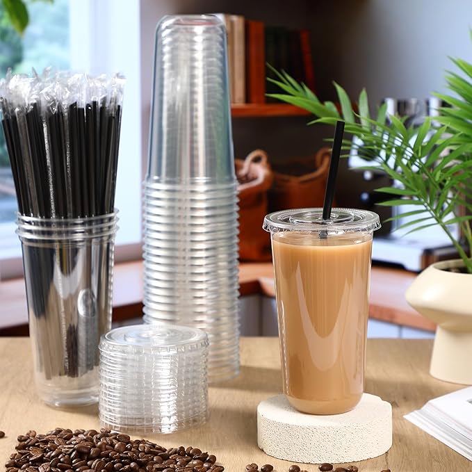 Ziliny 50 Set Clear Plastic Cups with Lids and Straws, Disposable Iced Coffee PET Cups for Drinking Cold Beverage Juice Parfait Smoothie Milkshake Coffee Shops Party Supplies (20 oz)