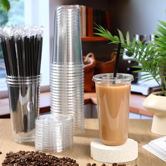 Ziliny 25 Set Clear Plastic Cups with Lids and Straws, Disposable Iced Coffee PET Cups for Drinking Cold Beverage Juice Parfait Smoothie Milkshake Coffee Shops Party Supplies (20 oz)