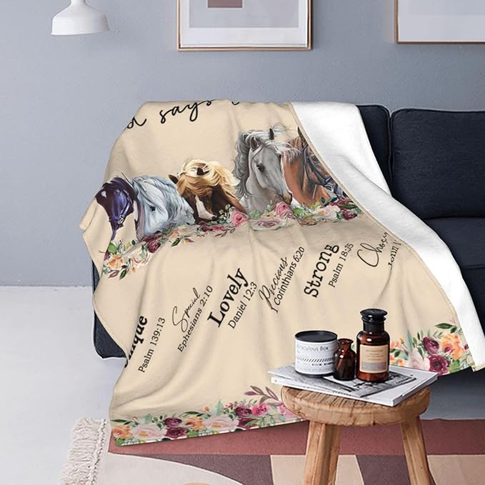 God Says You Are Horse Decor Throw Blanket - Super Warm Soft Plush Lightweight Fleece Flannel Bible Verse Blanket for Women, Girls, Boys, Men, Kids - Winter Couch Bedding - 50"X60"