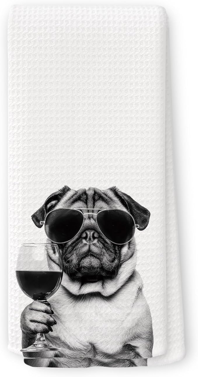 Funny Pug Wine Kitchen Towels, Gifts for Dog Wine Lovers, Bar Accessories Dish Tea Towels for Kitchen, Dog Owners Housewarming Gift Decorative Hand Towel 16x24 Inch
