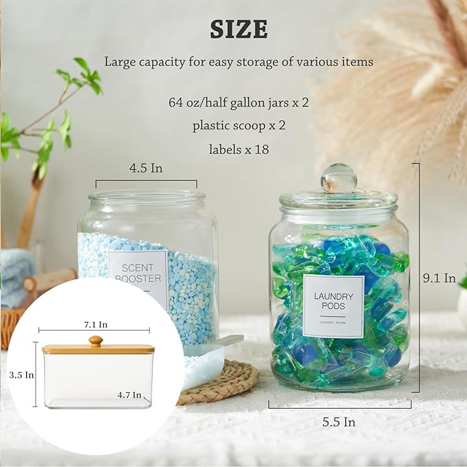 FyndraX Laundry Glass Jars with Dryer Sheets Holder, Containers with Scoop and Labels for Laundry Room Organization and Storage Detergents Pods or Powder, Scent Booster Beads, Set of 3