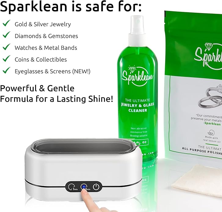 SPARKLEAN Jewelry Cleaner Kit · 16oz Spray + Silver Polishing Cloth · Cleans + Polishes + Removes Tarnish · Safe on Gold Silver Diamond Pearl · Family Size · Made in USA Since 2000